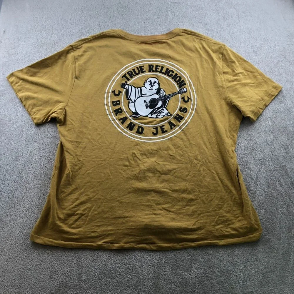 True Religion Mens T-Shirt Size 2XL Short Sleeve Yellow Graphic Tee Casual Crew